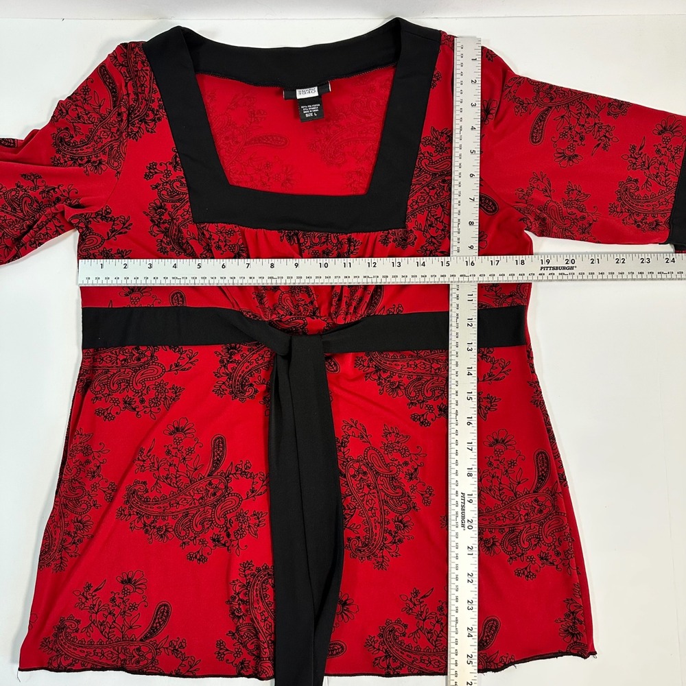 Y2K Red Black Floral‎ Top Blouse Square Neck Bell Sleeve L Witchy Romantic Goth - Picture 7 of 7